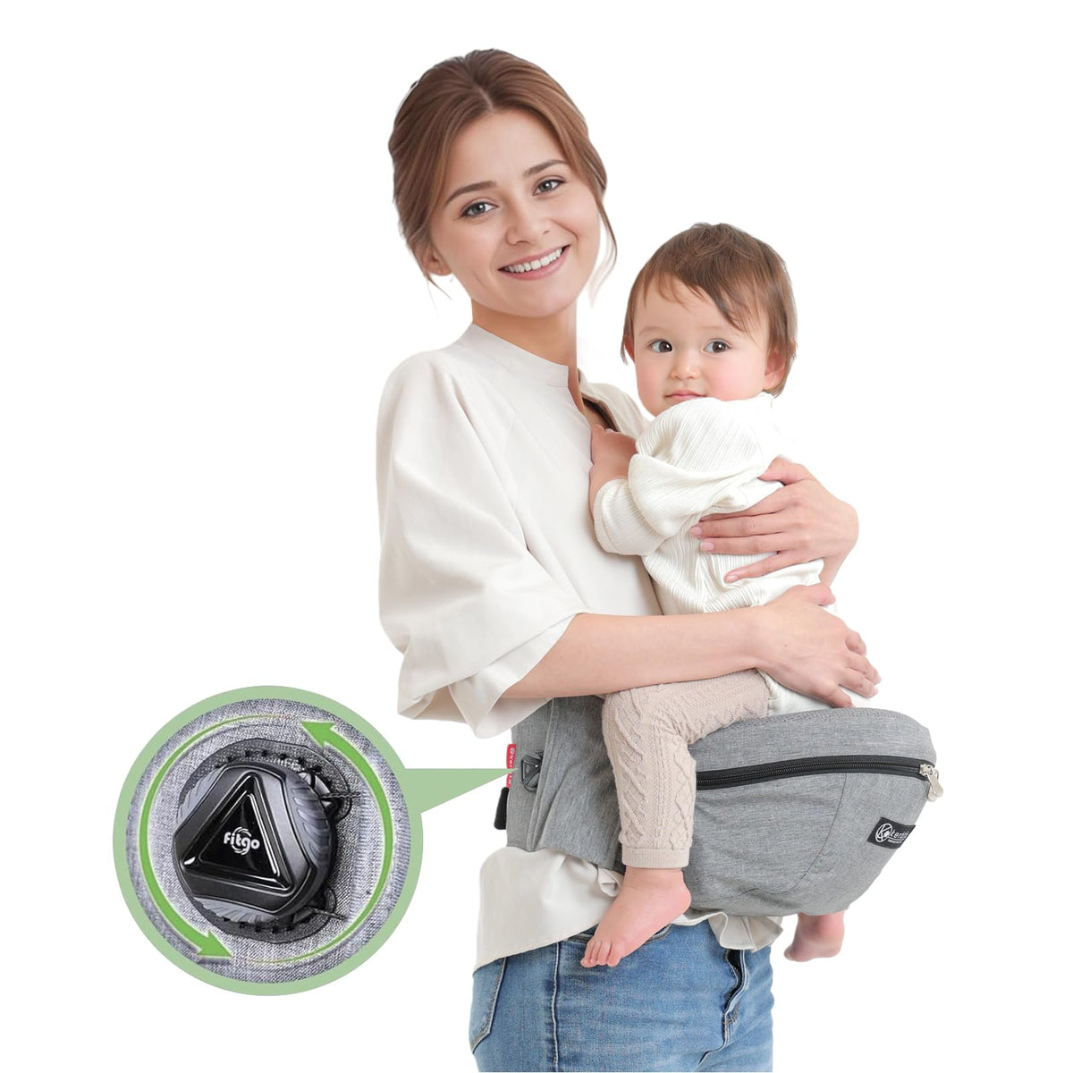 Kerätä baby hip carrier front view worn with baby for hands-free use and convenience.