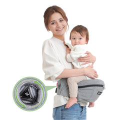Kerätä baby hip carrier front view worn with baby for hands-free use and convenience.