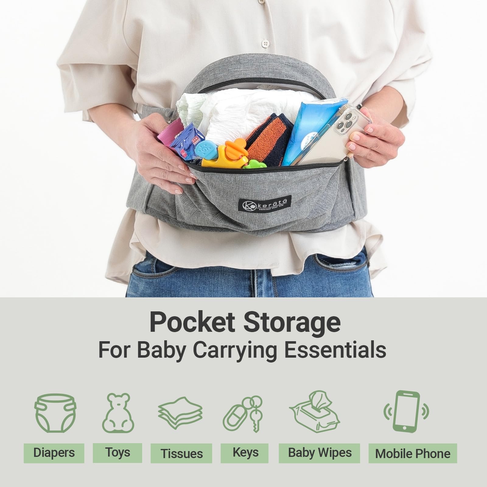 W-type locking buckles provide stable daily use with the Kerätä hip carrier.