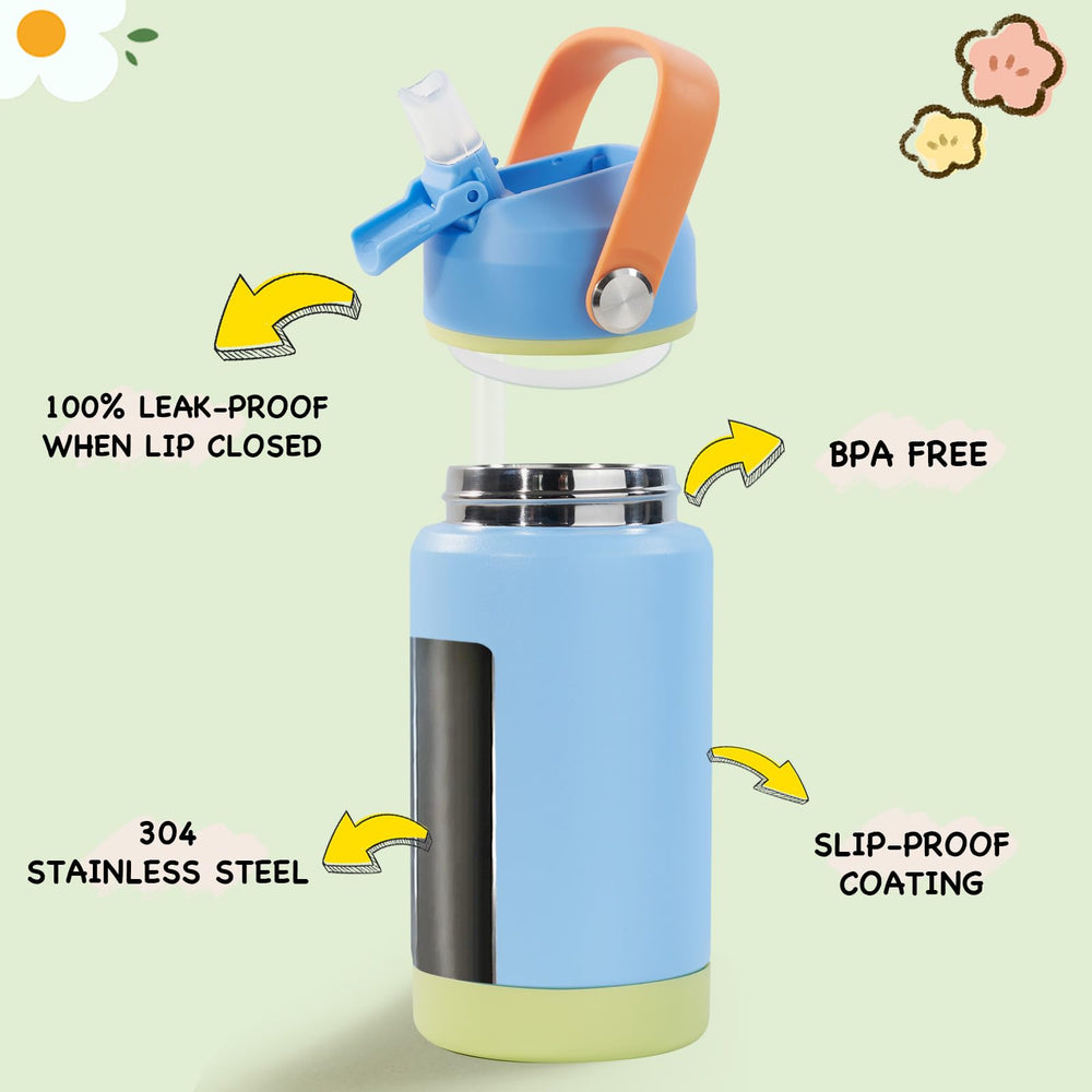 Kerilyn kids water bottle sky lid rotate demonstrates 180-degree spill-free lid