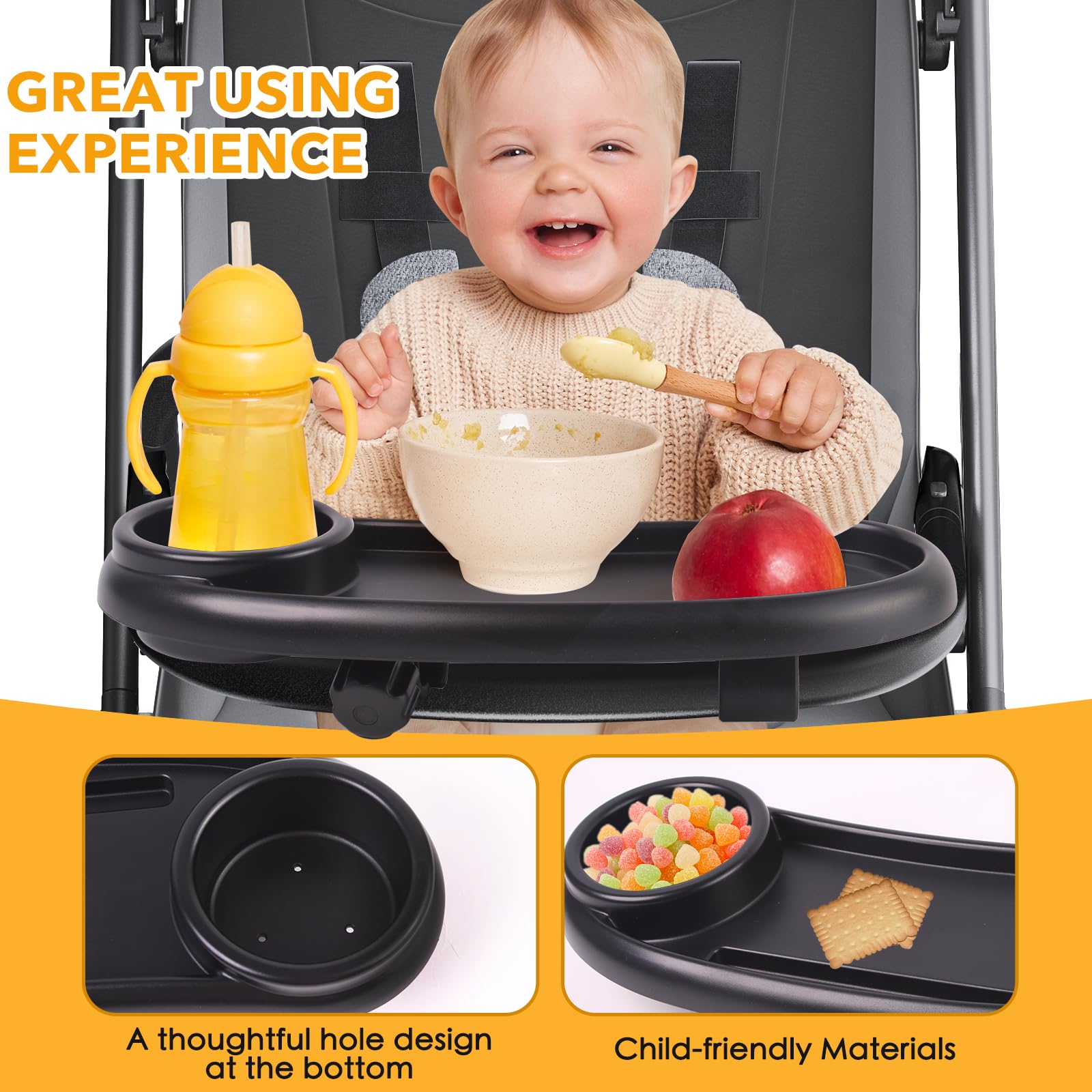 KEUYE Nuna snack tray side angle highlights 360-degree rotating clamps for flexible positioning