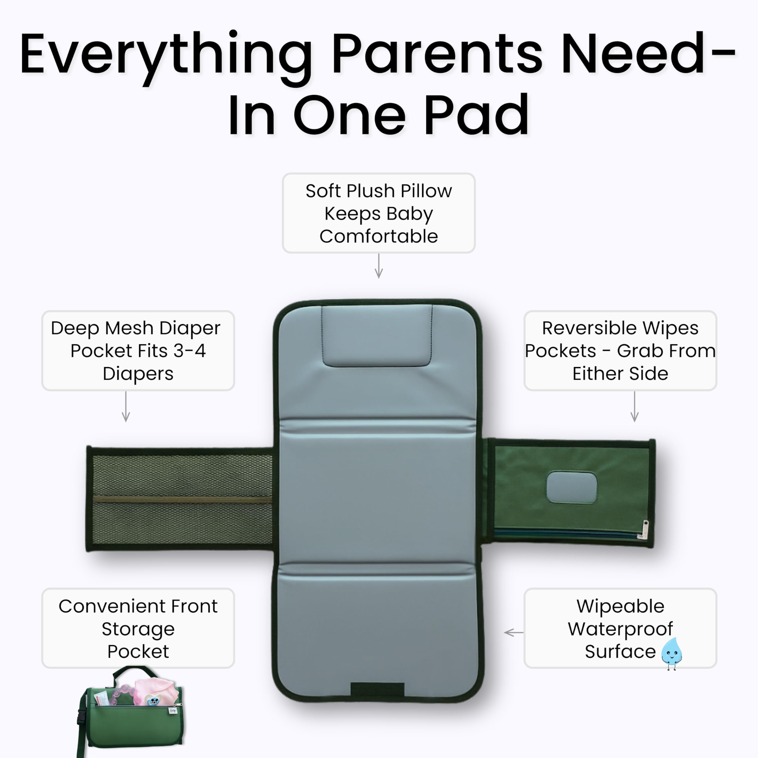 Kewh Jo portable changing pad built-in pouch stores up to five diapers