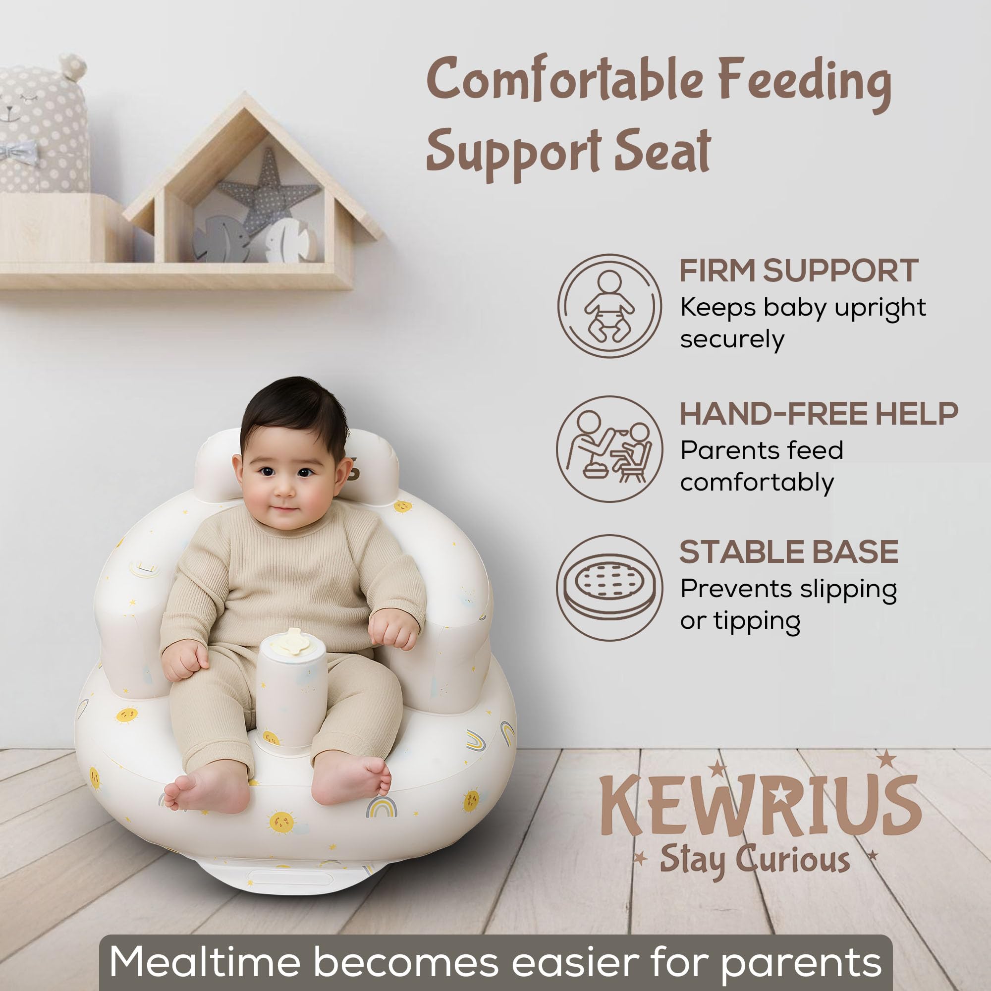 Kewrius Inflatable Baby Seat Sky Chair material closeup highlights non-toxic PVC for safety