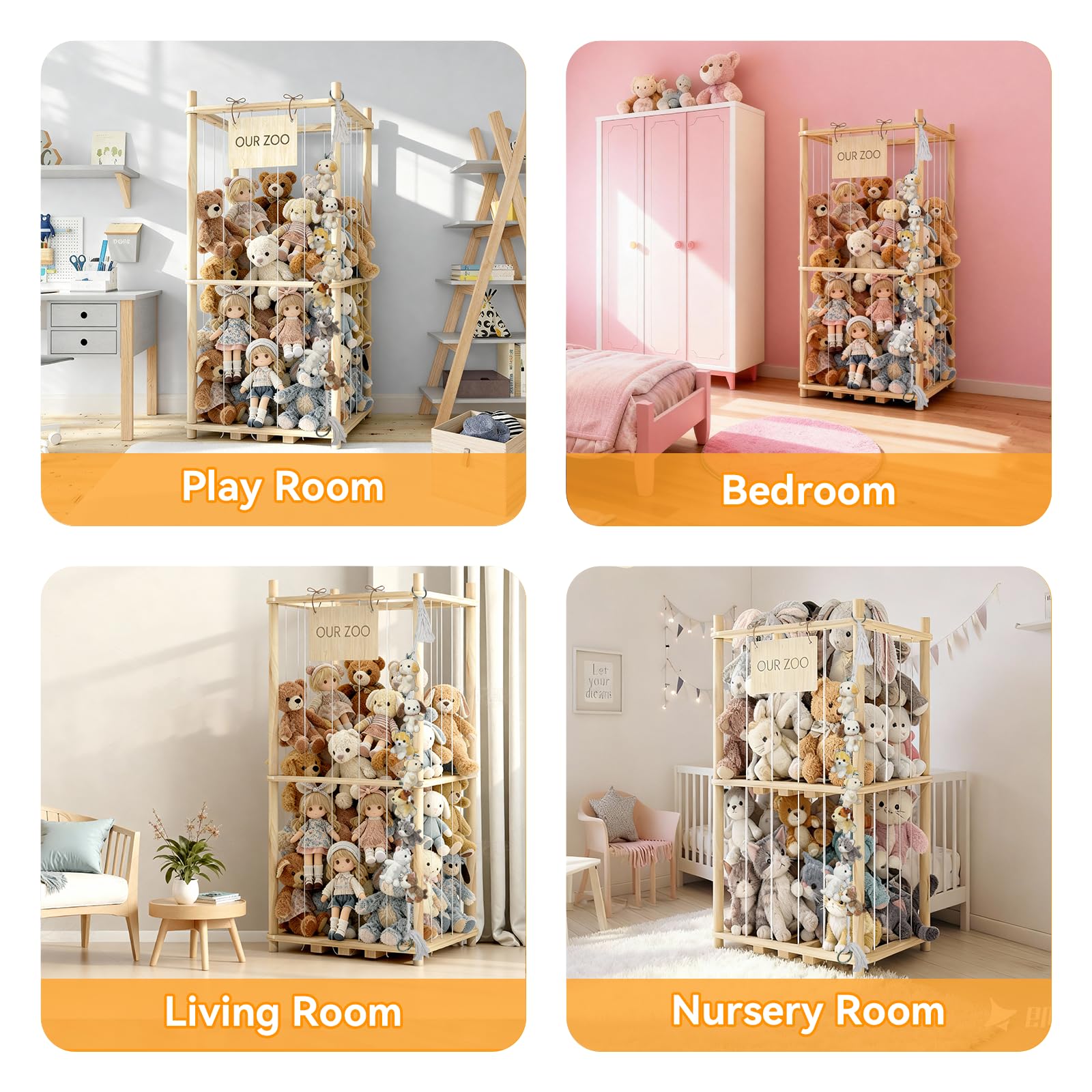 Keyixize stuffed-animal-storage-organizer hanging-rope-clips provide extra space for tiny plush toys.