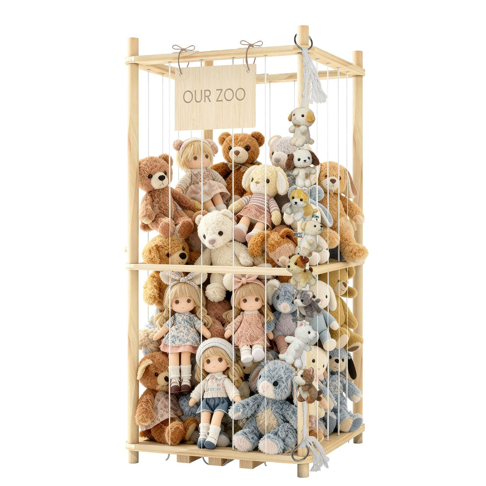 Keyixize stuffed-animal-storage-organizer side view highlights durable pine wood for sturdy toy storage.