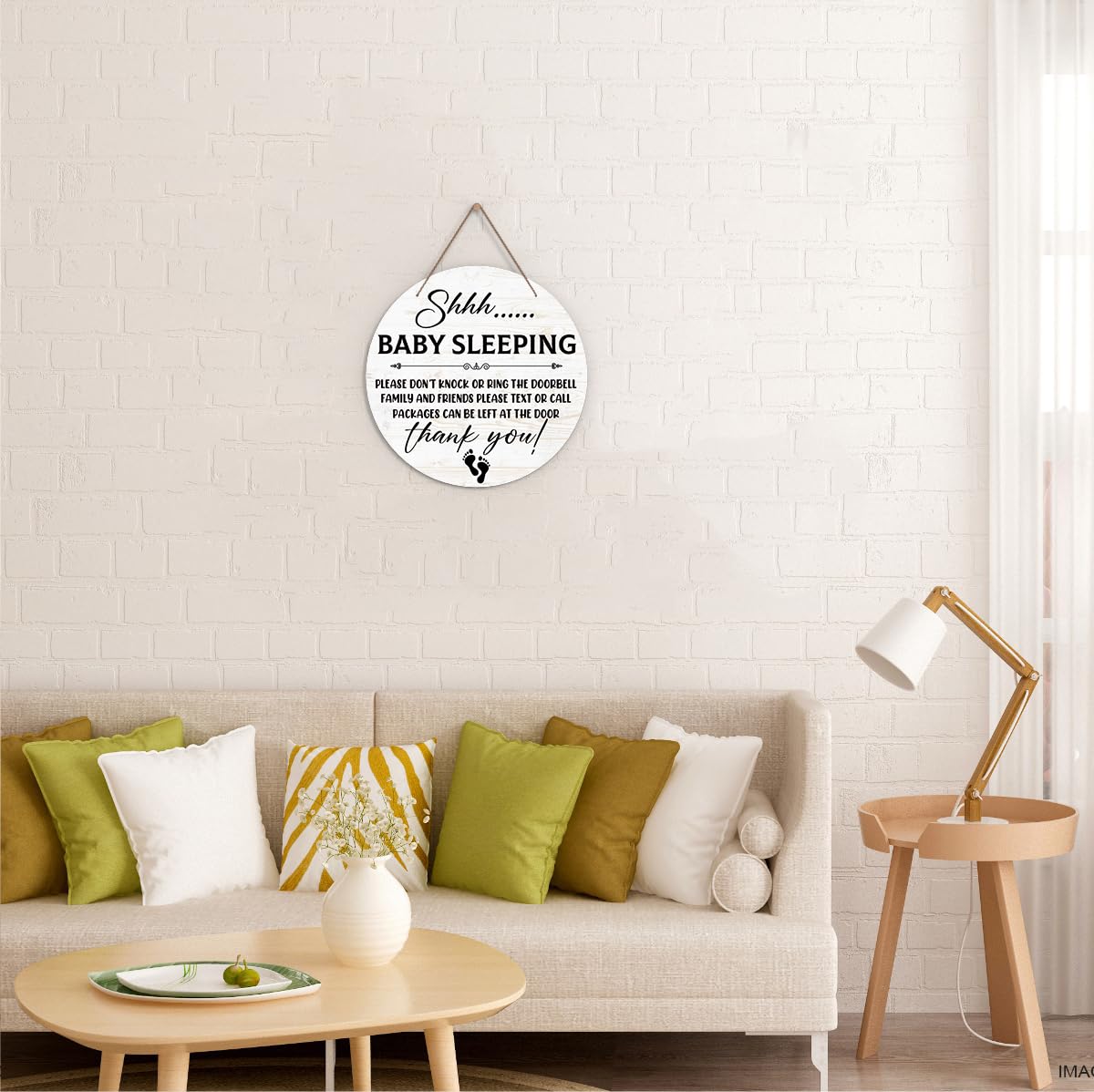 KFNER Baby Sleeping Sign shows rustic wood texture with vibrant print.
