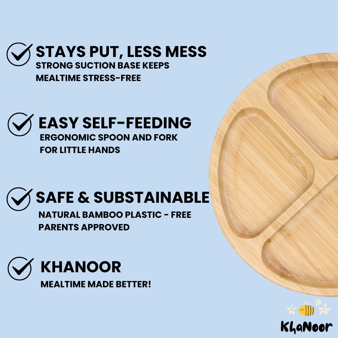 KhaNoor bamboo toddler bowl with suction base prevents tipping during self-feeding.
