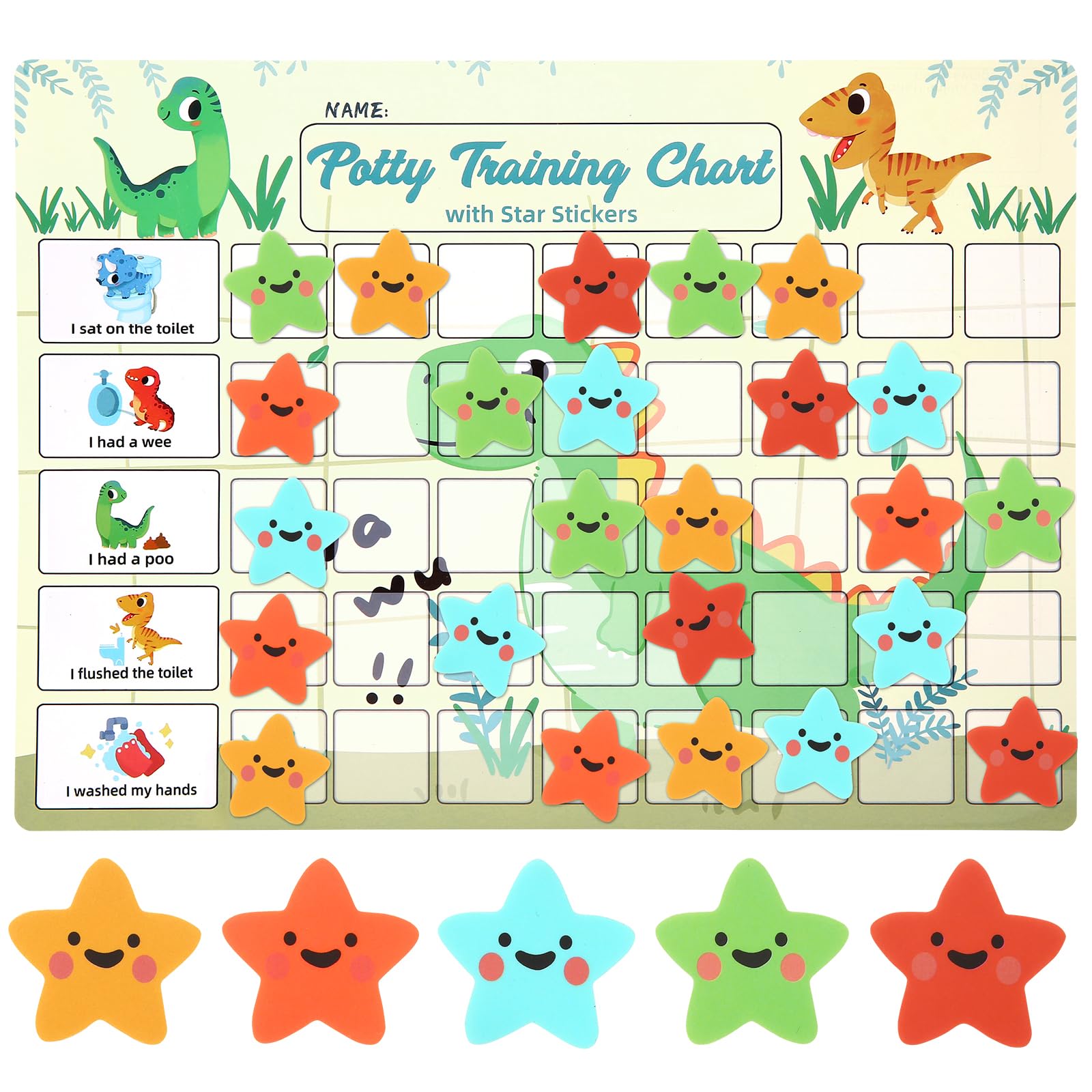 Khlerox Potty Chart Dinosaur Stars on fridge show progress with magnetic rewards for toddlers.