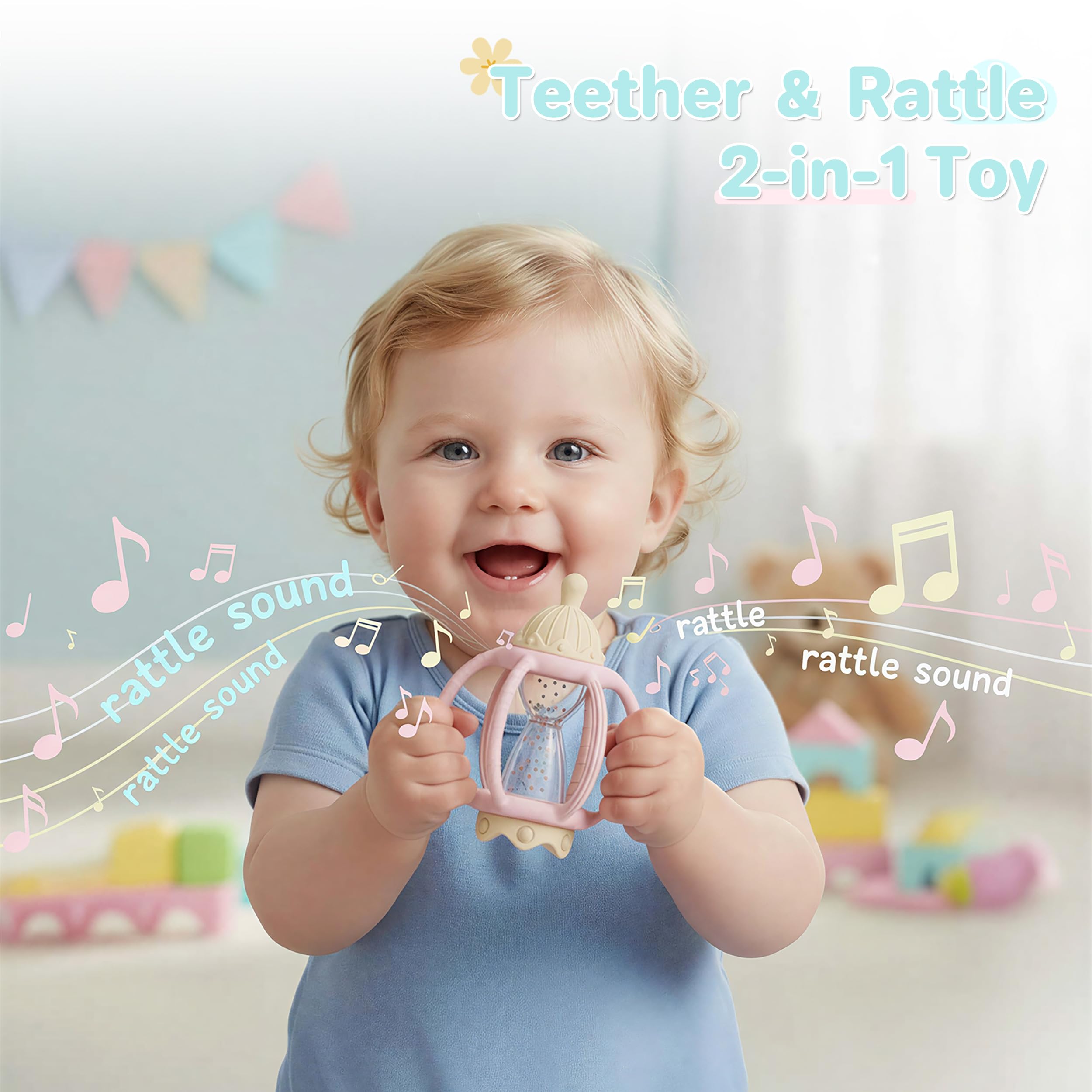 KIAANS silicone teether with bottle center: versatile chew toy and soothing fidget.