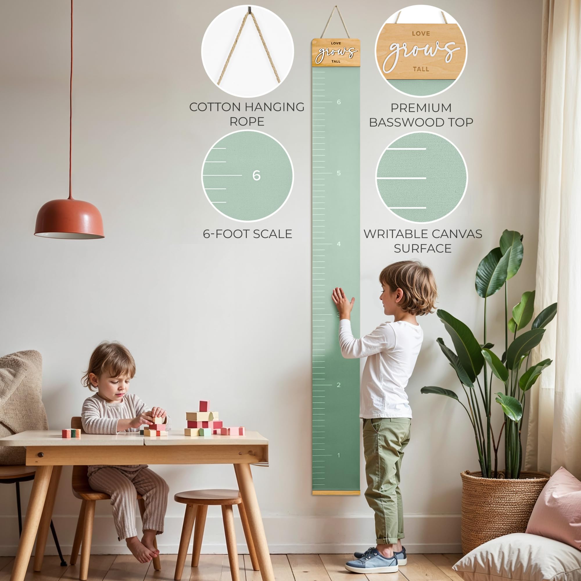 KIBAGA growth chart wall sage-green color blends with rooms for stylish decor.