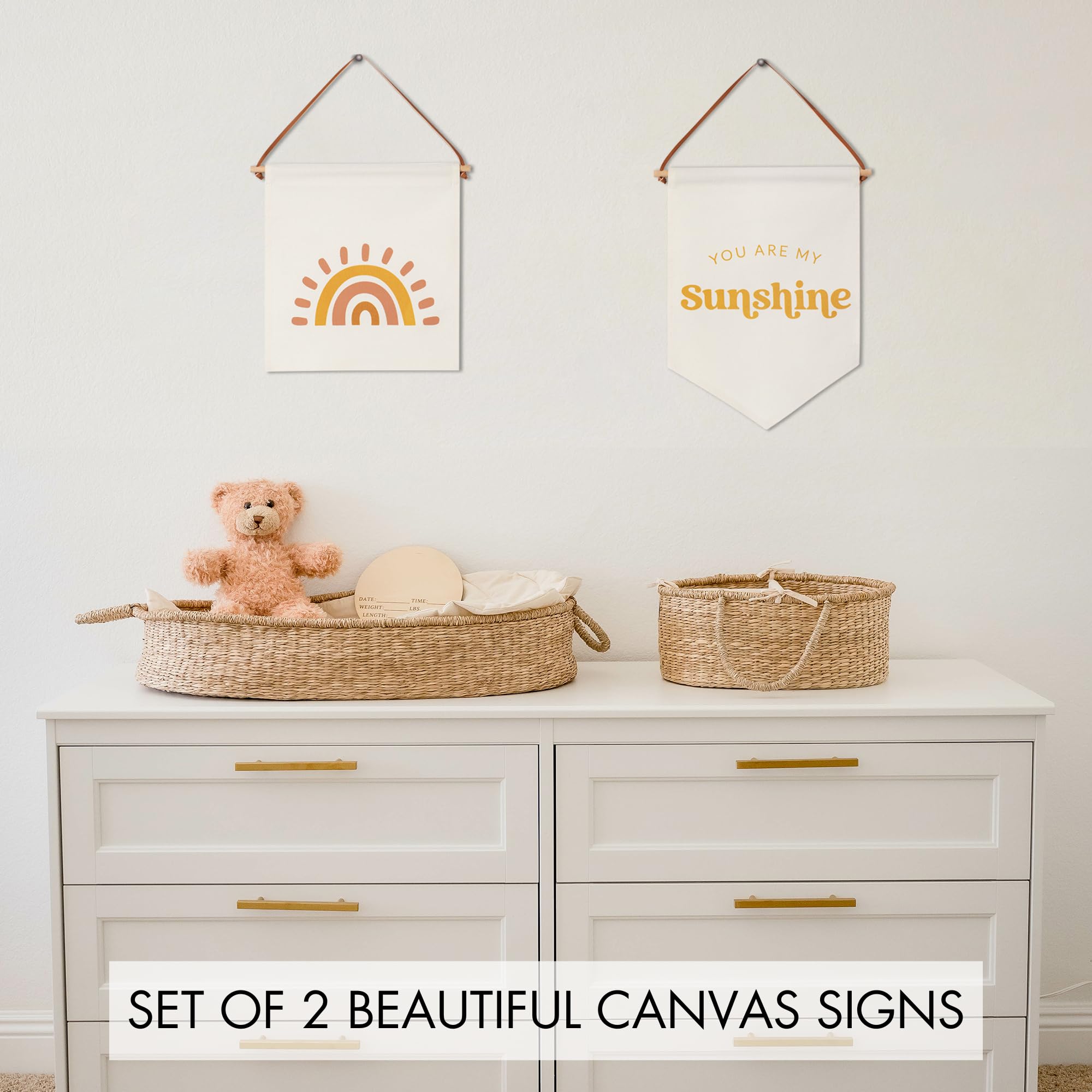 KIBAGA 11x10 sign with rainbow sun used as cheerful toddler wall accent