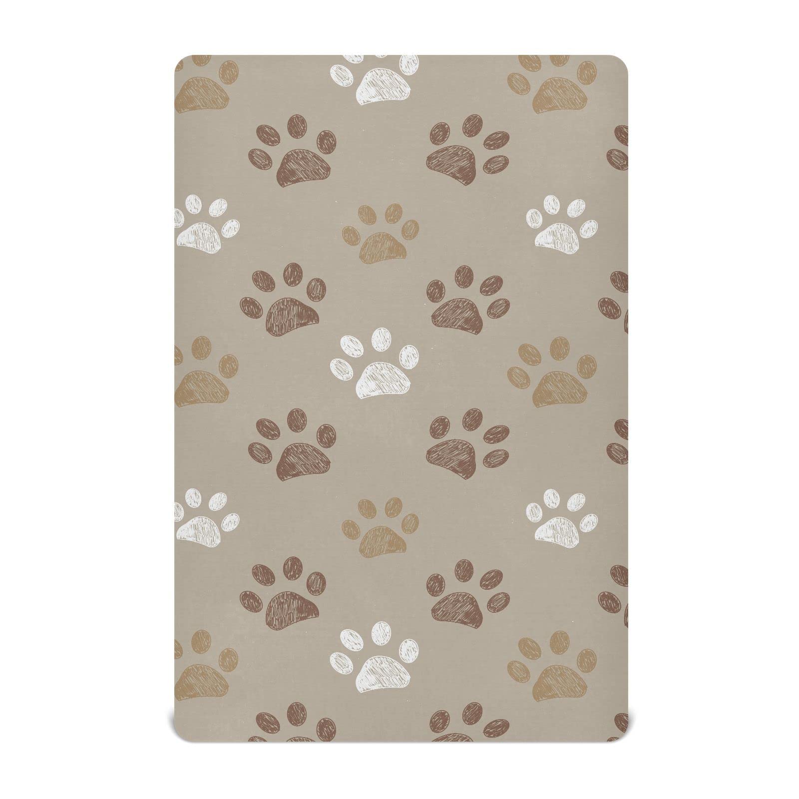 KICPOAY fitted crib sheet with brown dog paws pattern and snug elastic fit for security