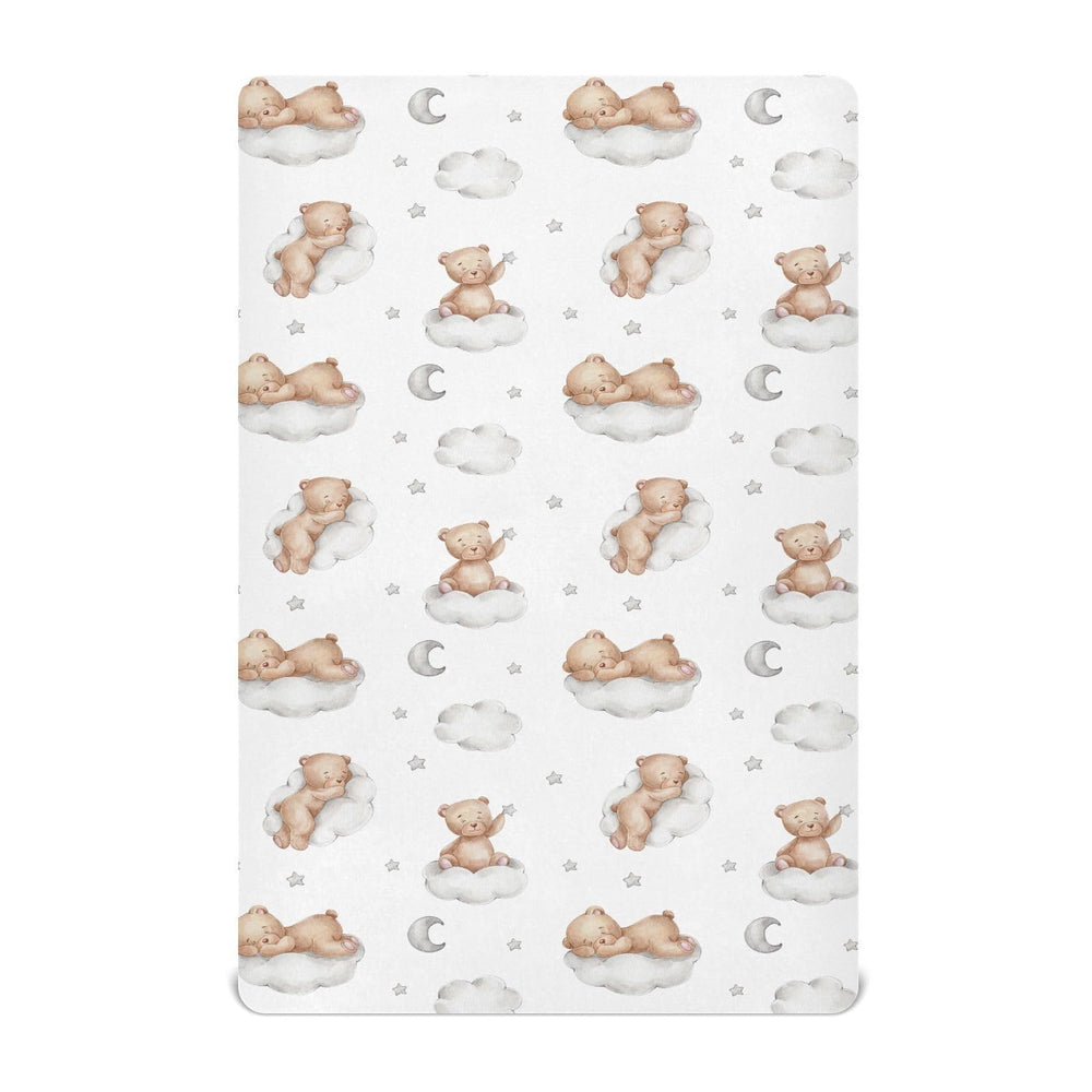 KICPOAY fitted crib sheets feature white bears and clouds for cozy nursery styling.