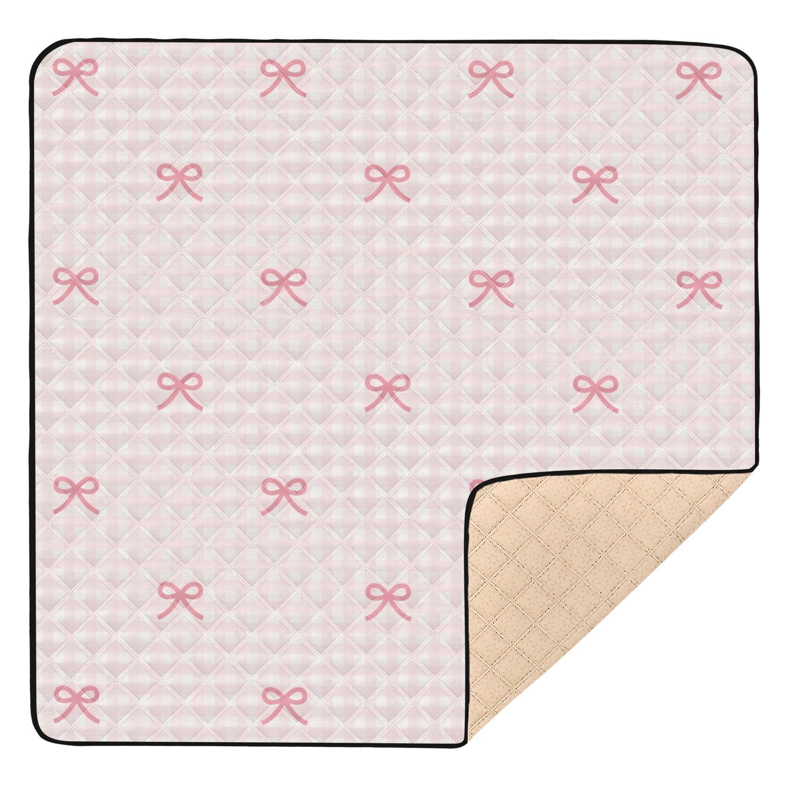 KICPOAY pink checkered play mat folds for travel-friendly floor play.