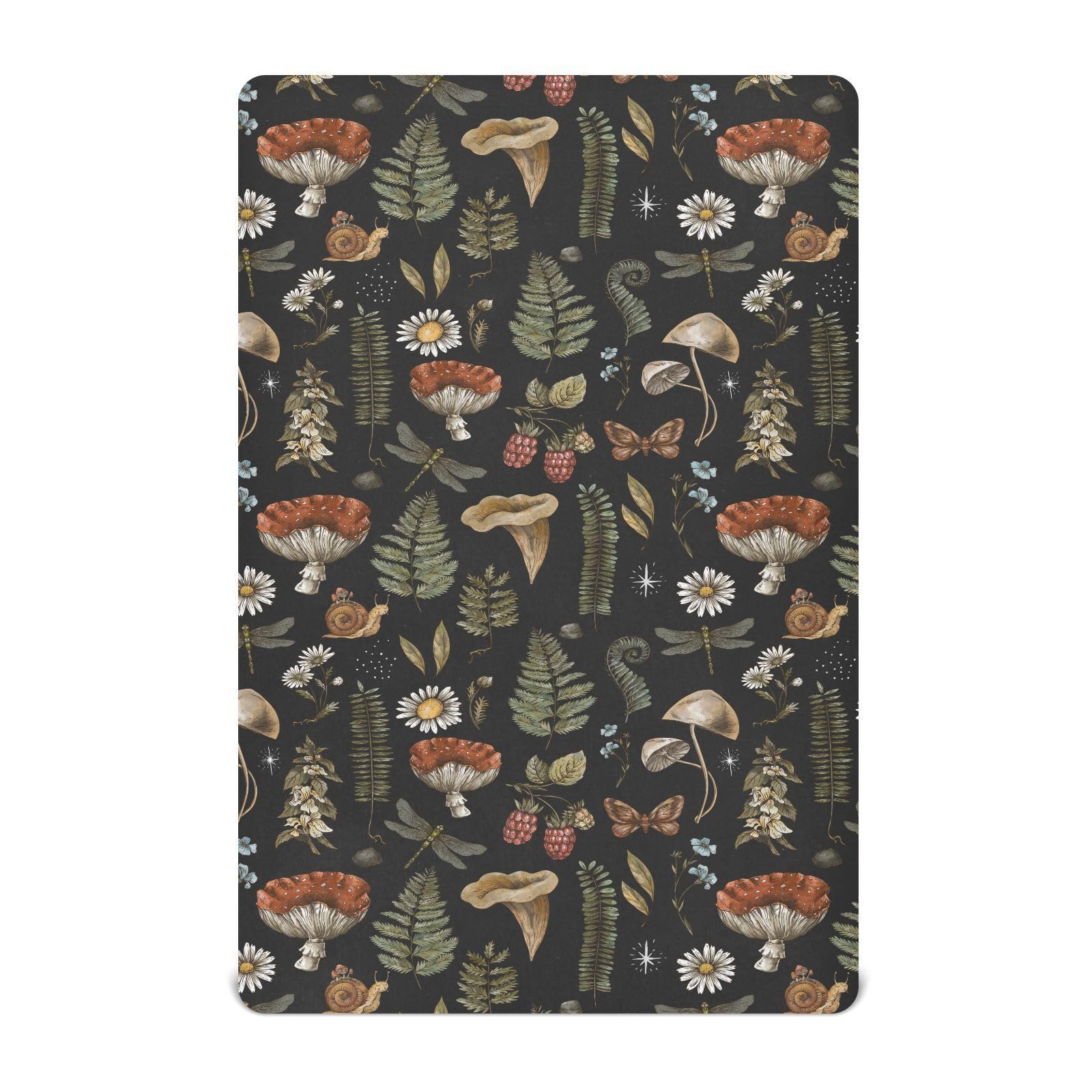 KICPOAY Vintage Mushroom Forest playard sheet closeup, showcasing soft fabric and snug elastic.