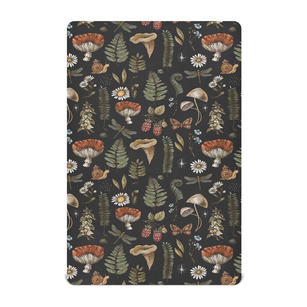 KICPOAY Vintage Mushroom Forest playard sheet closeup, showcasing soft fabric and snug elastic.