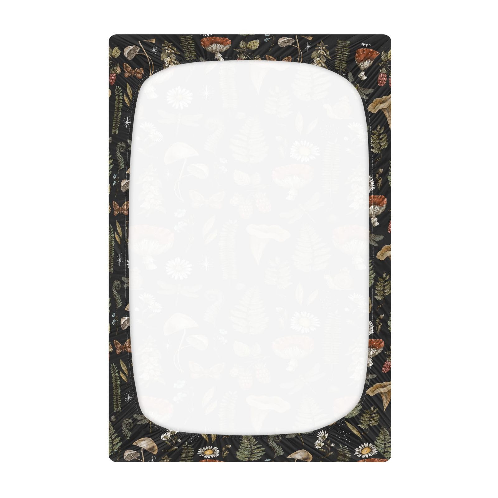 KICPOAY Vintage Mushroom Forest playard sheet on mattress for easy nightly setup.