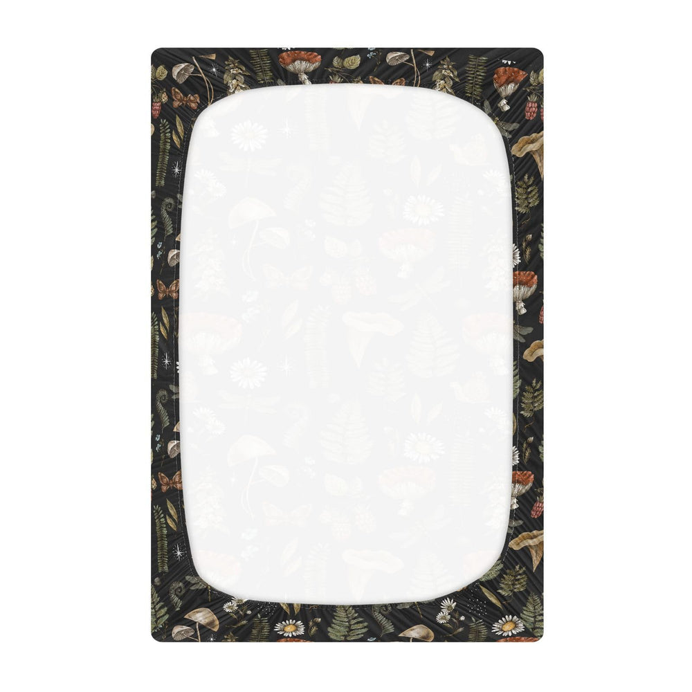 KICPOAY Vintage Mushroom Forest playard sheet on mattress for easy nightly setup.