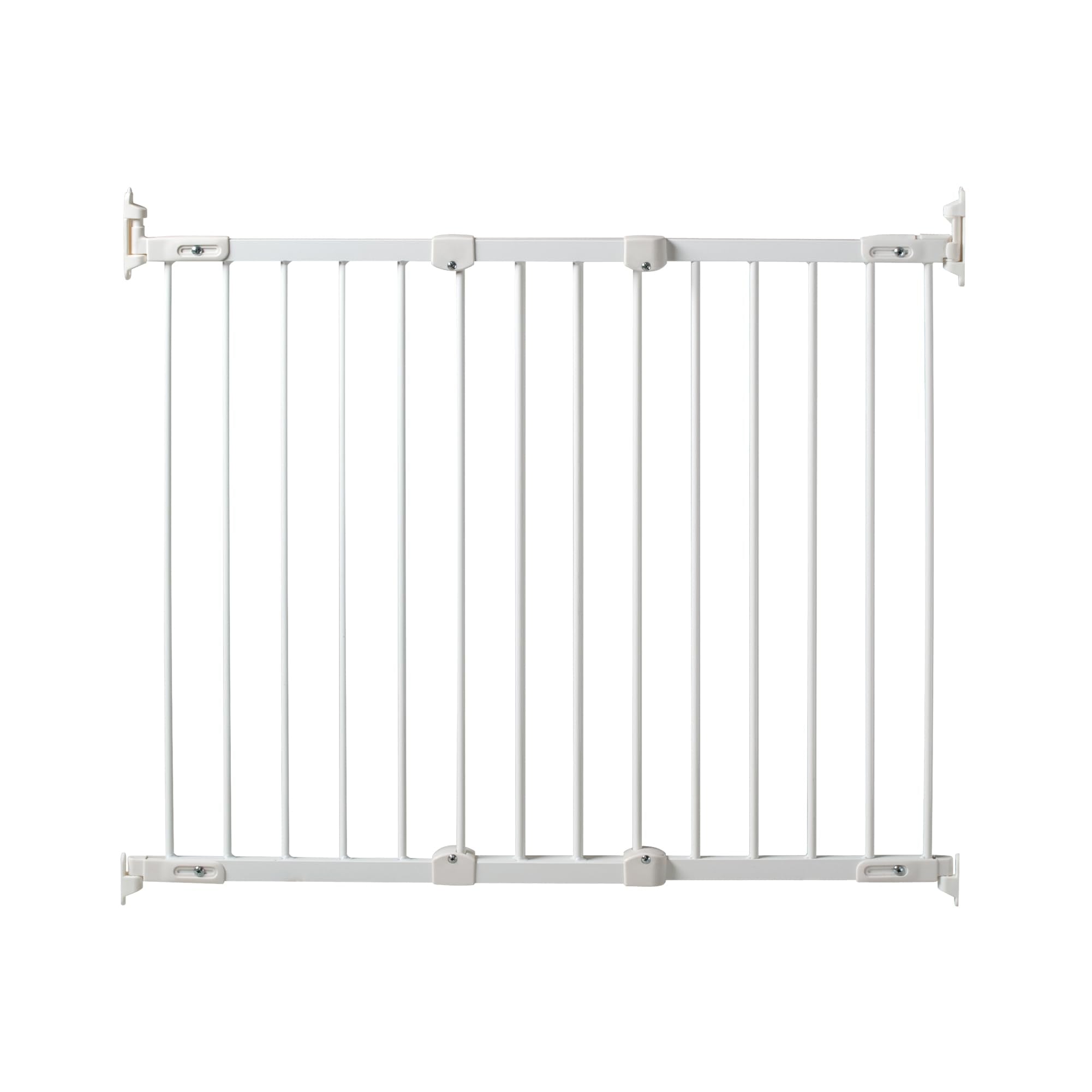 KidCo angle-mount safeway gate installed on top stairs in white for uneven walls.