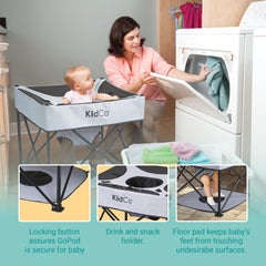 KidCo GoPod in use with adjustable height for growing babies.