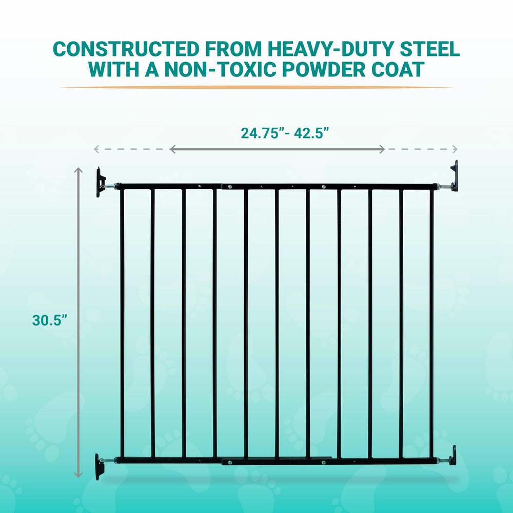KidCo Safeway gate in black metal finish beside a pet area for safe access.