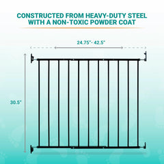 KidCo Safeway gate in black metal finish beside a pet area for safe access.