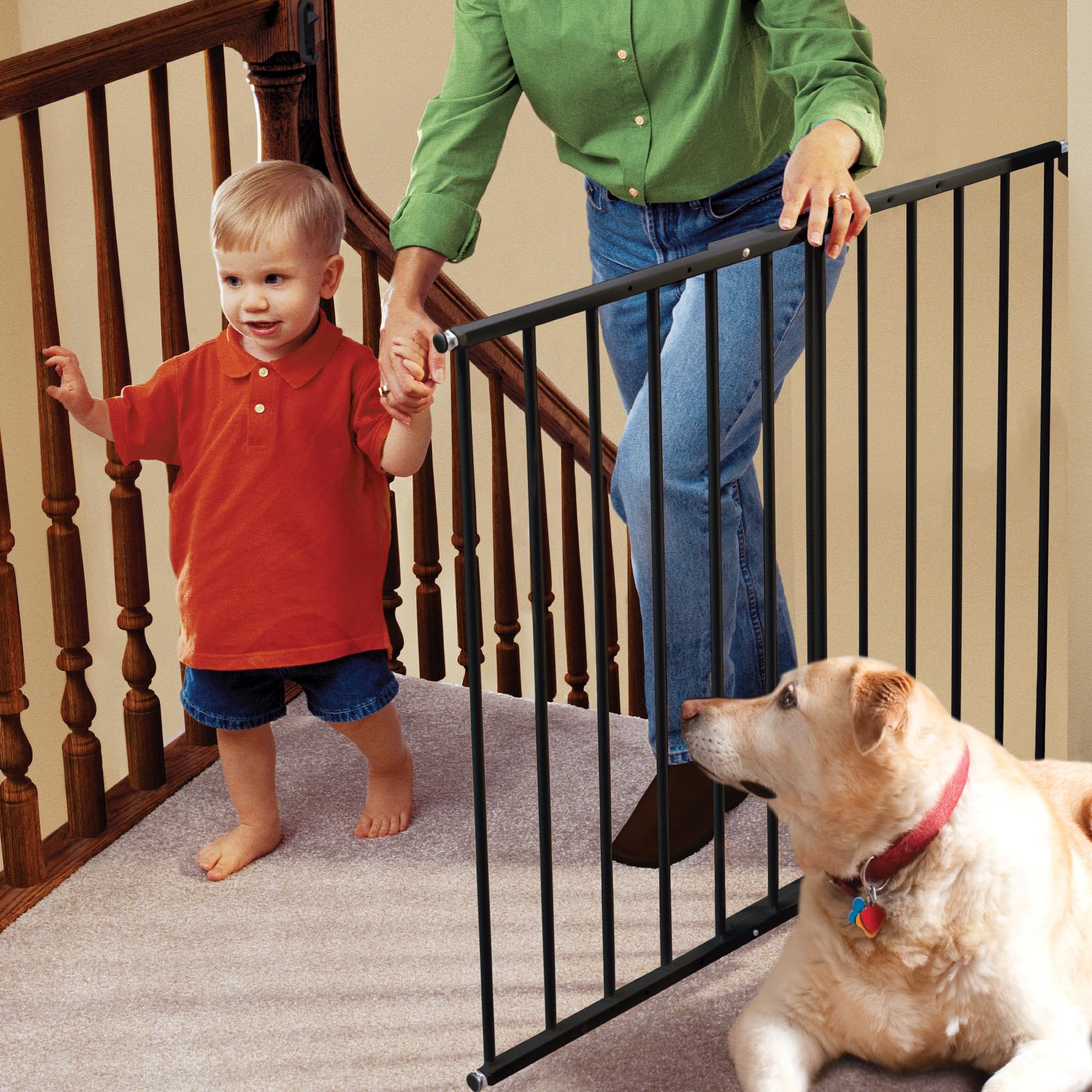 KidCo Safeway gate on staircase with stop pin preventing outward swing.