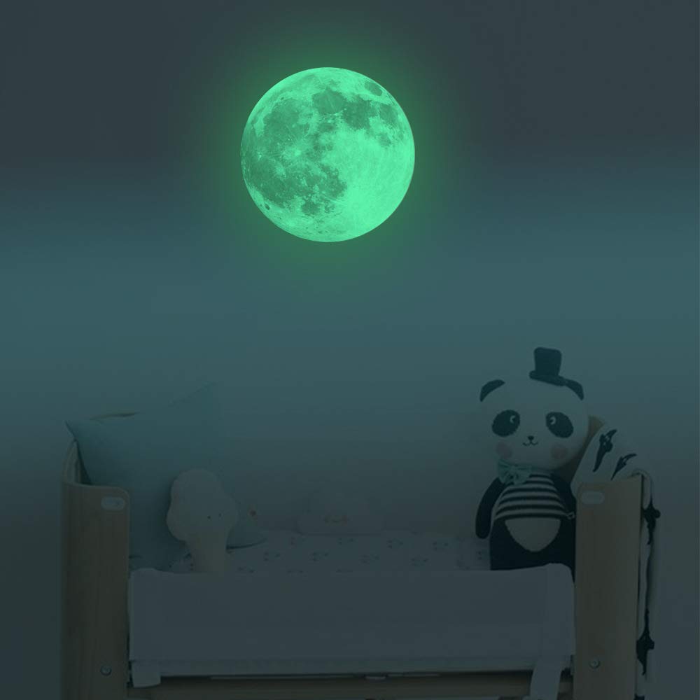 Kiddale glow-dark moon wall decal on ceiling for gentle nighttime glow.
