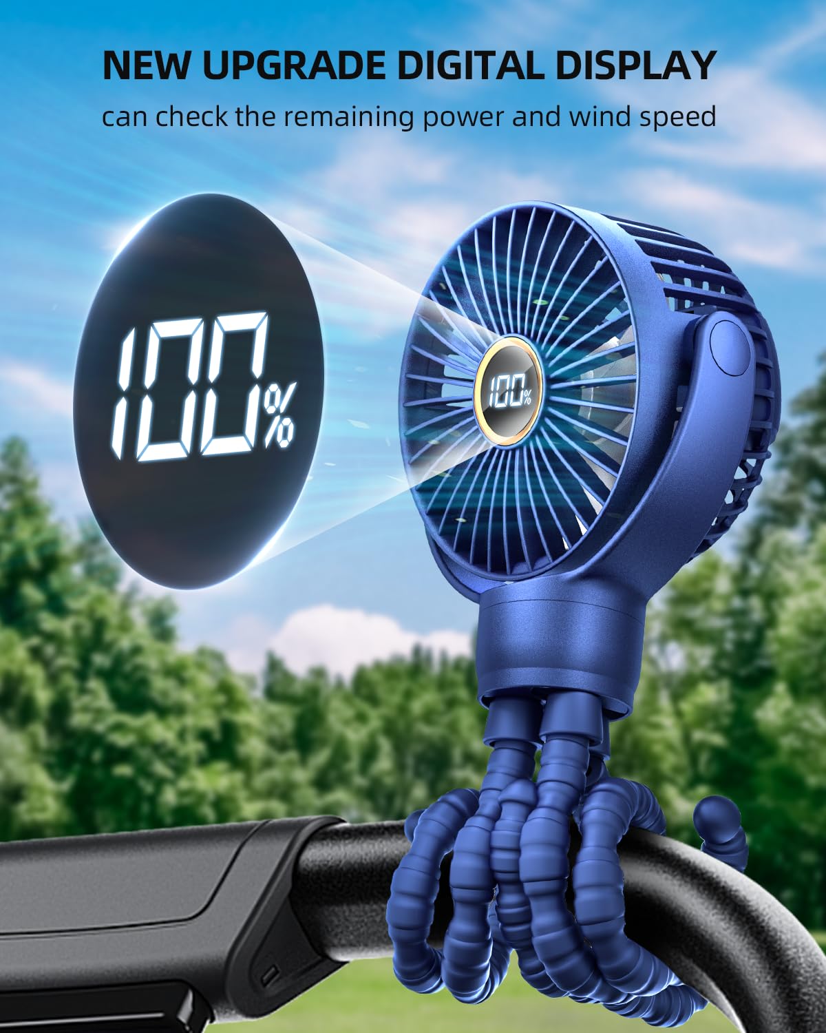 KIDEE clip-on fan on stroller clip demonstrates secure attachment for travel.