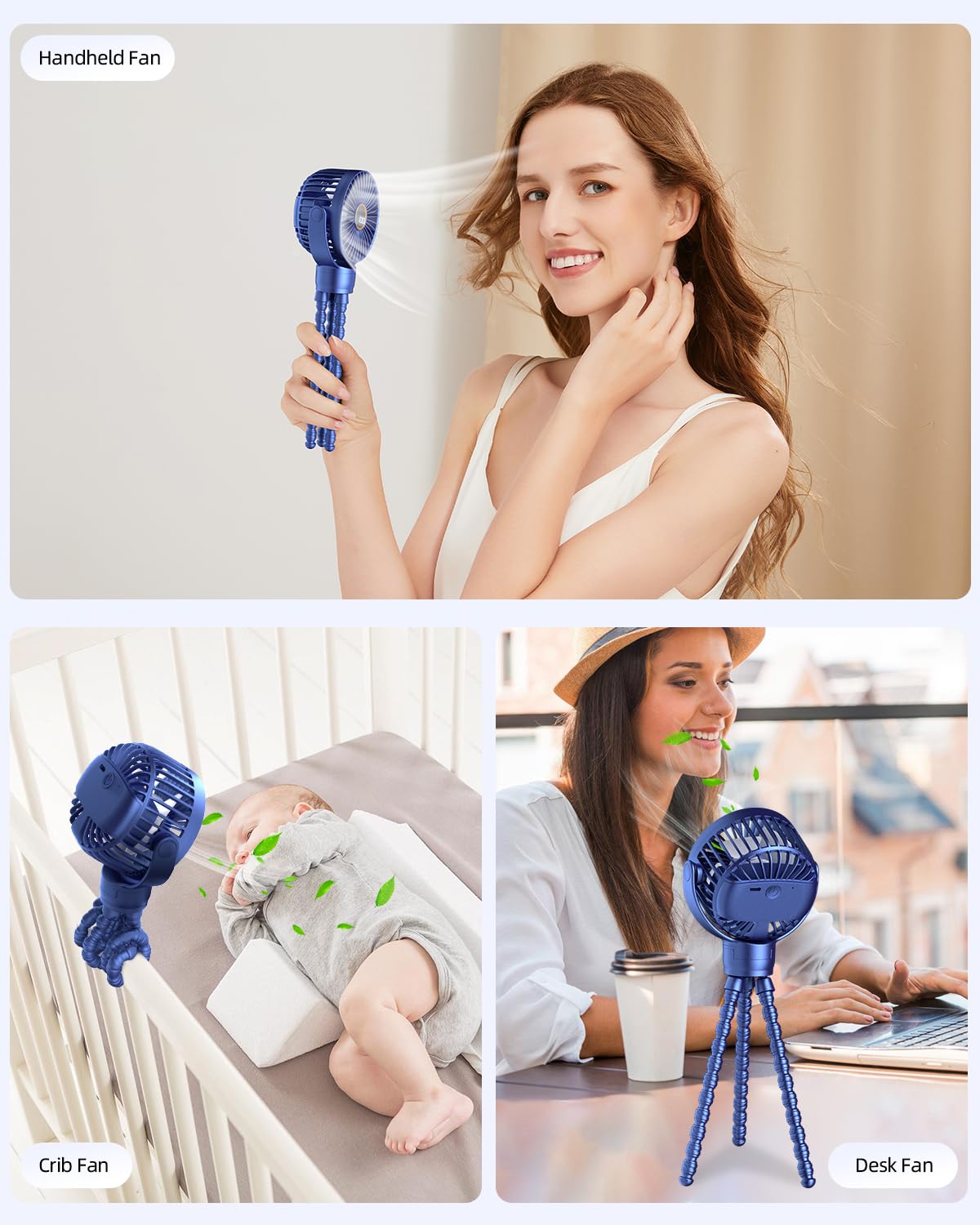 KIDEE multi-use travel desk fan supports stroller handheld and crib setups.