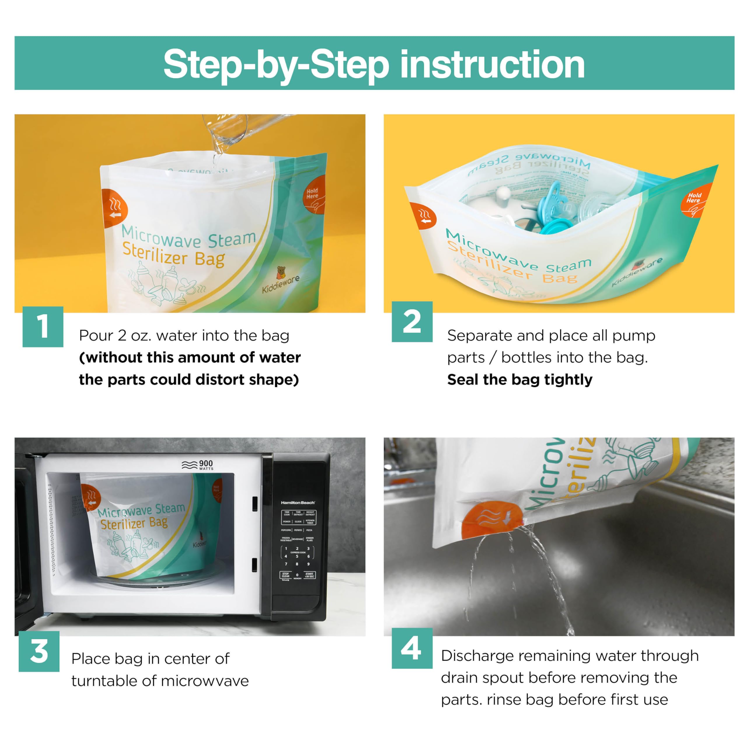 Kiddieware sterilizer bag safety-grips aids safe removal after microwaving.