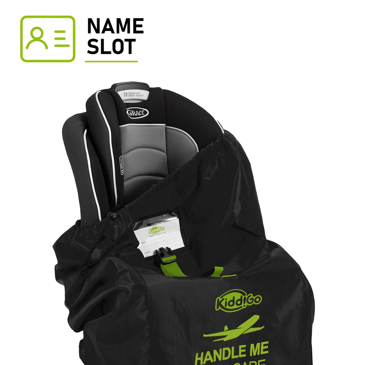 KiddiGo car seat bag drawstring closure showcases secure, easy access when gate-checking