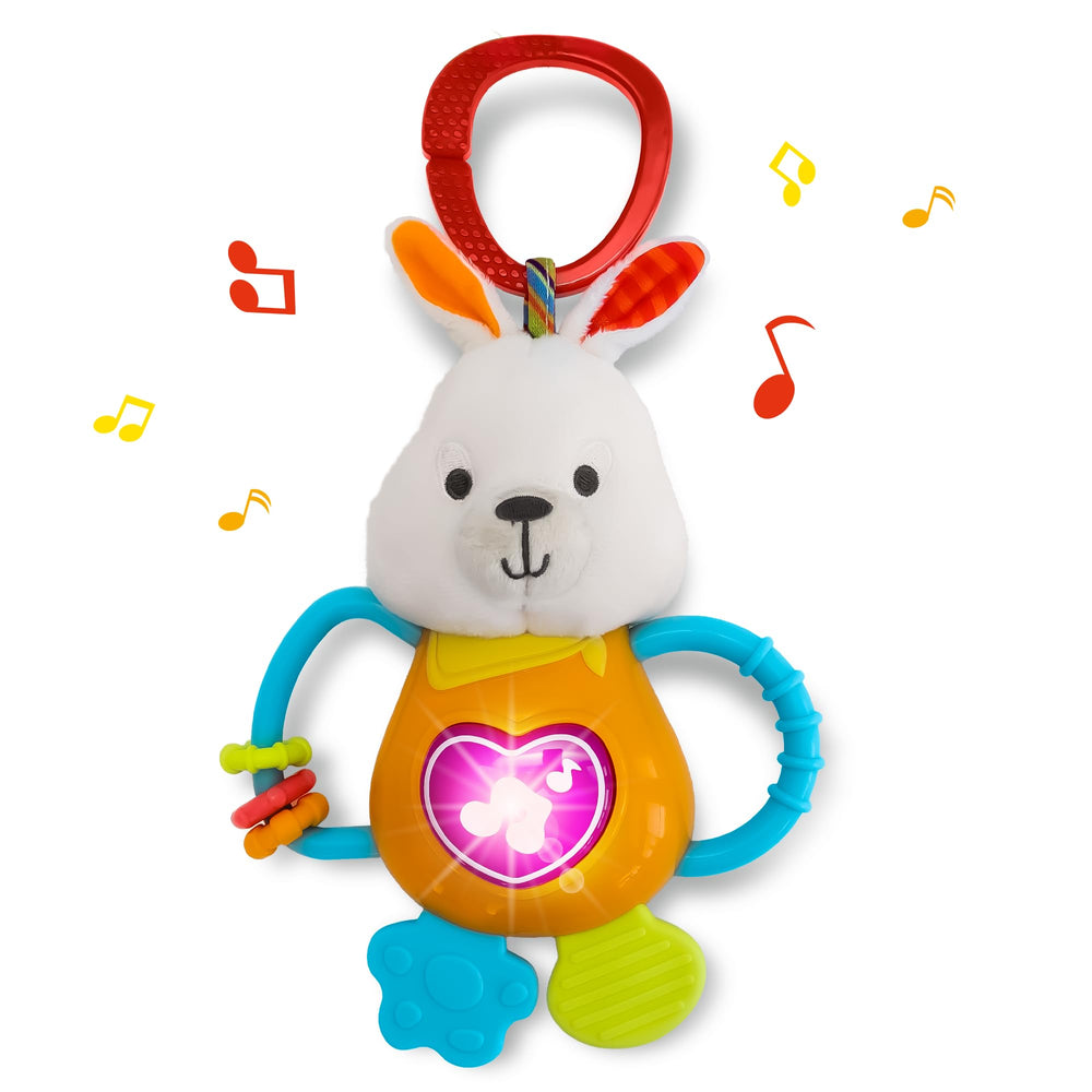 KiddoLab Bunny teether-rattle-lightup with glowing heart for soothing on-the-go melodies