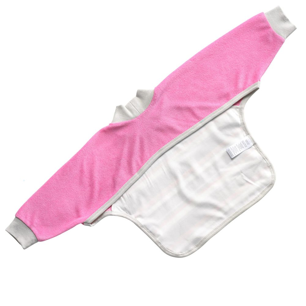 Kiddologic Bibit-all bib with ribbed cuffs keeps sleeves secure during feeding.