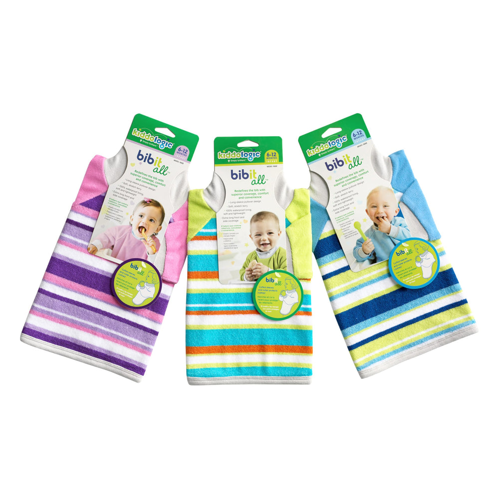 Kiddologic Bibit-all bib's stretchy pullover design makes on/off quick and comfortable.