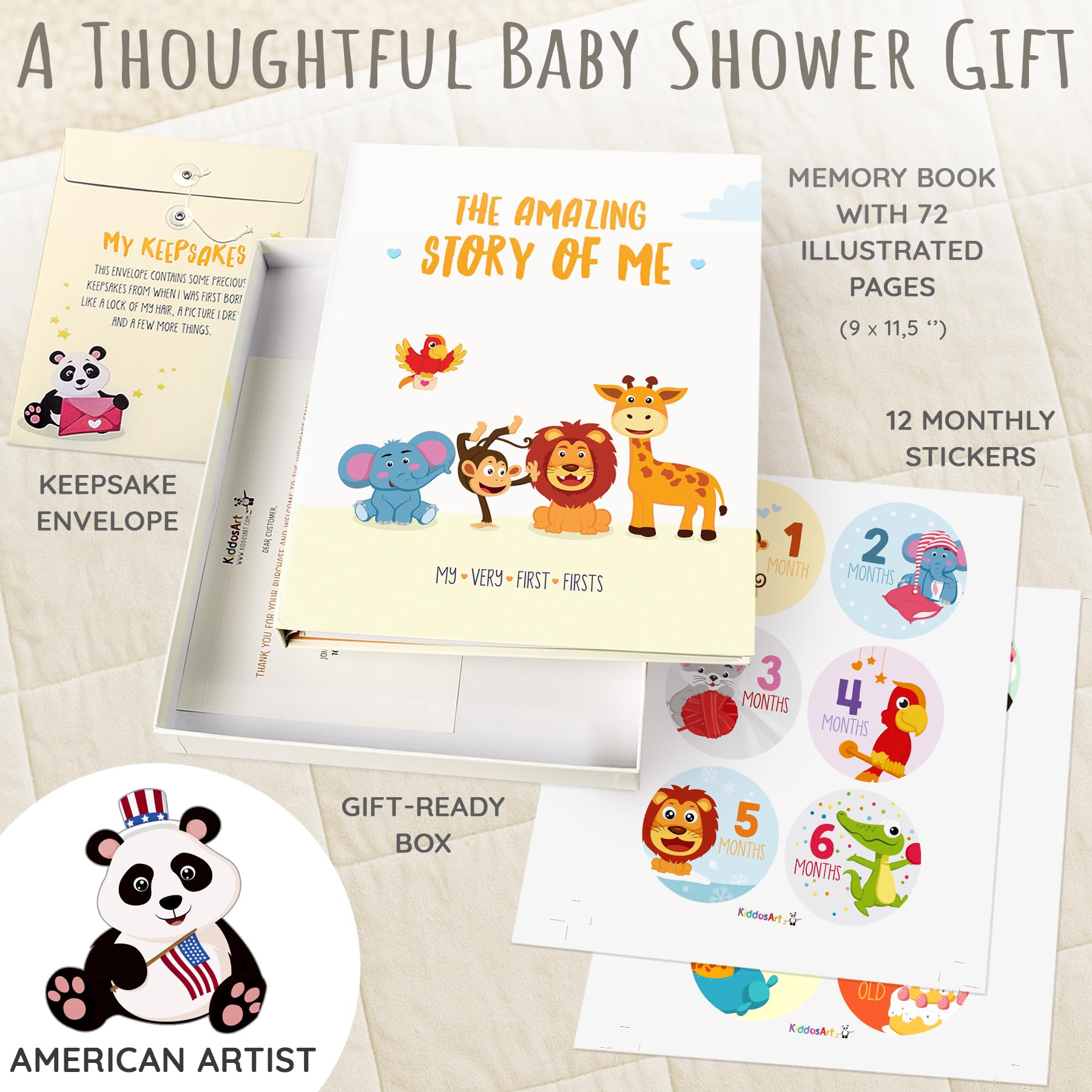 KiddosArt milestone page — illustrated animals inviting storytelling and memory capture.