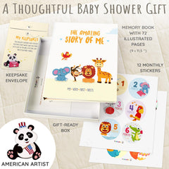 KiddosArt milestone page — illustrated animals inviting storytelling and memory capture.