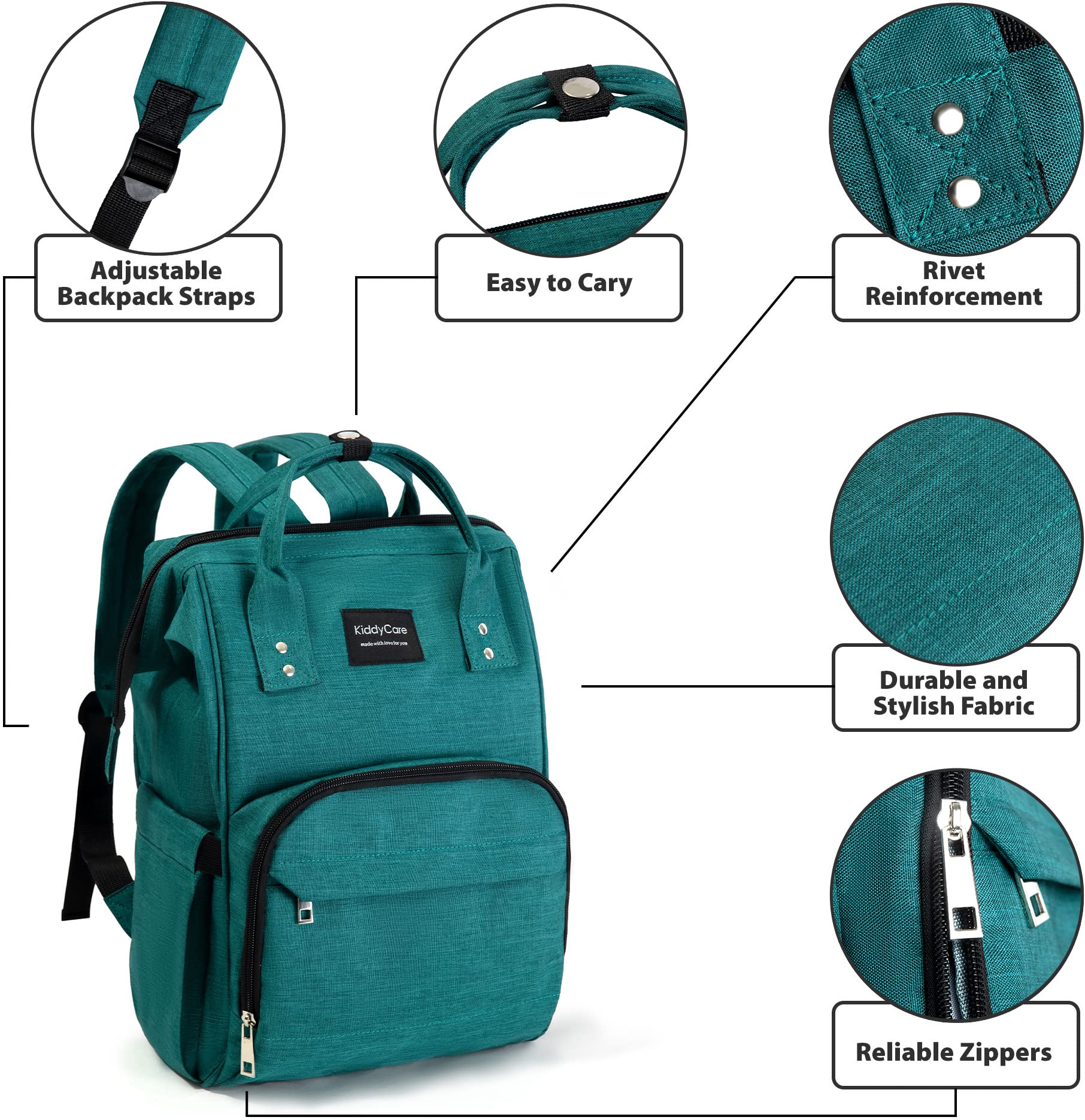 KiddyCare diaper backpack smooth gliding zippers aid fast access
