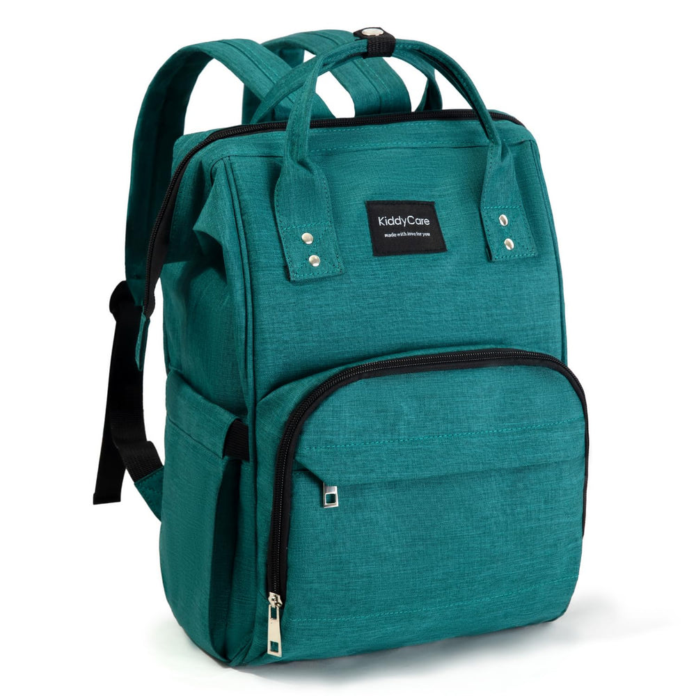 KiddyCare diaper backpack under-seat view shows travel-ready compact size