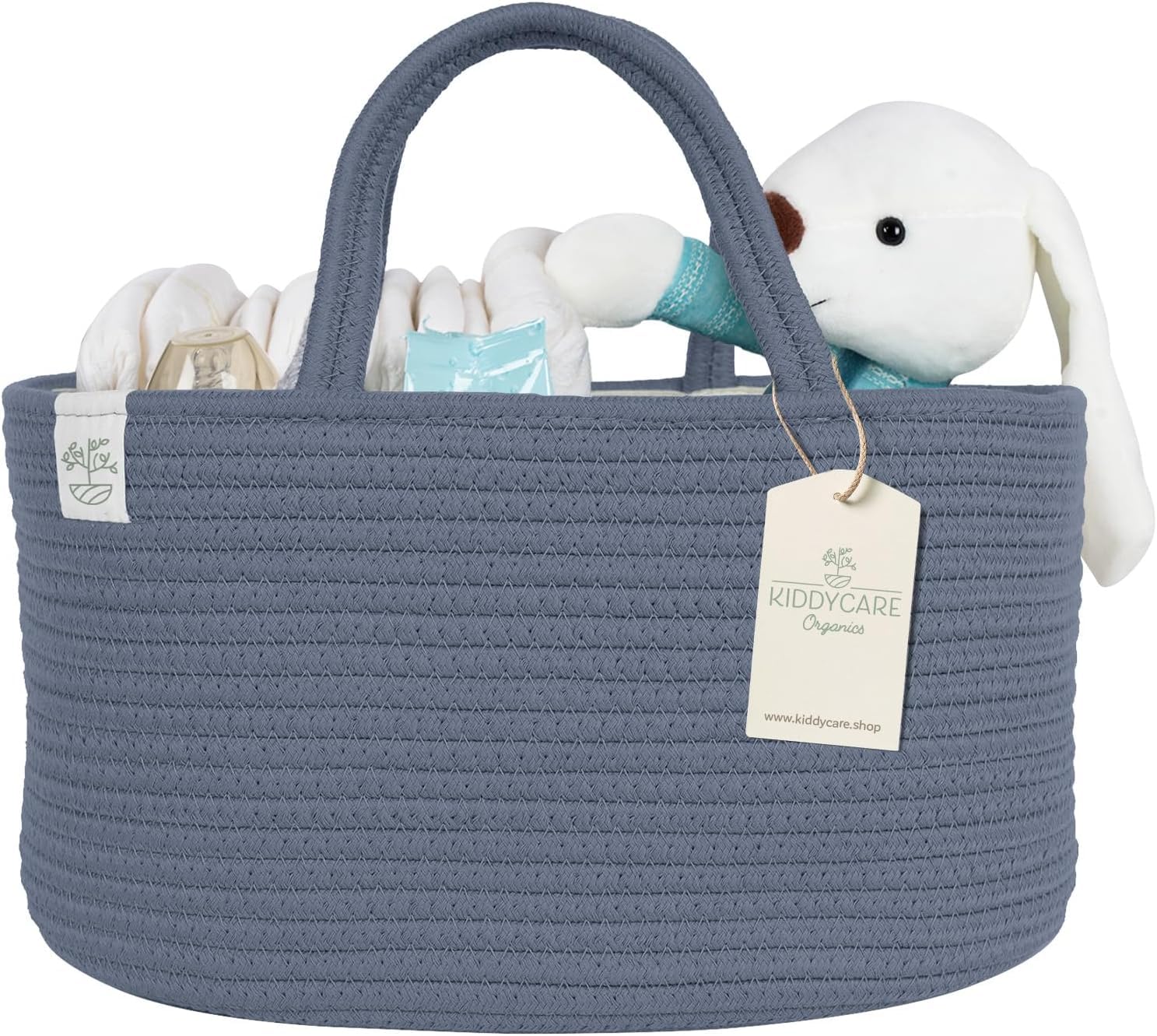 KiddyCare diaper caddy blue with lid and handle keeps nursery essentials within reach.