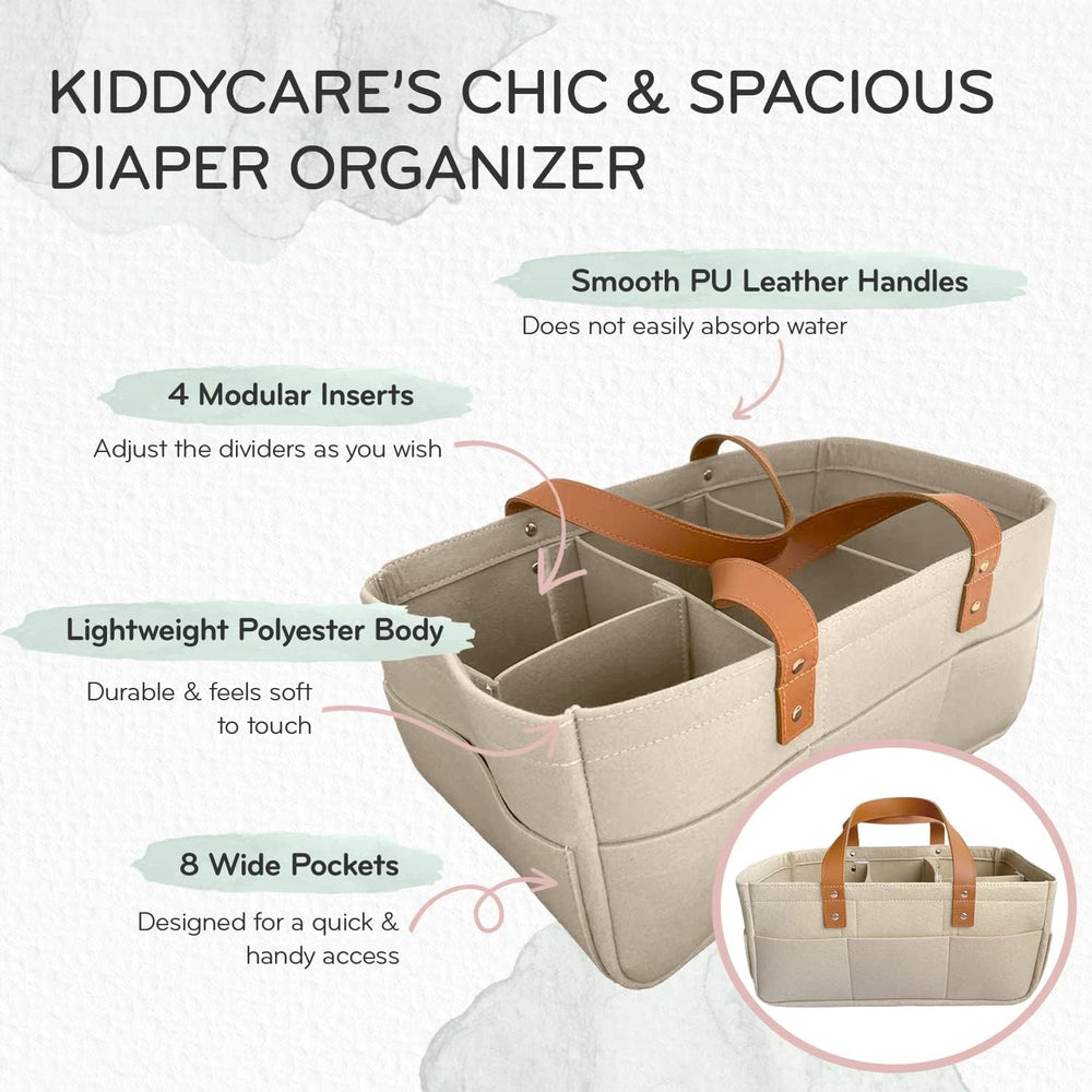 KiddyCare diaper caddy in dresser storage mode with removable dividers for quick organization.
