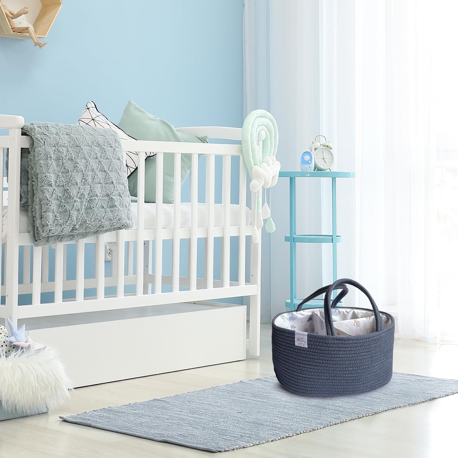 KiddyCare diaper caddy ideal for home and car trips, portable diaper storage.