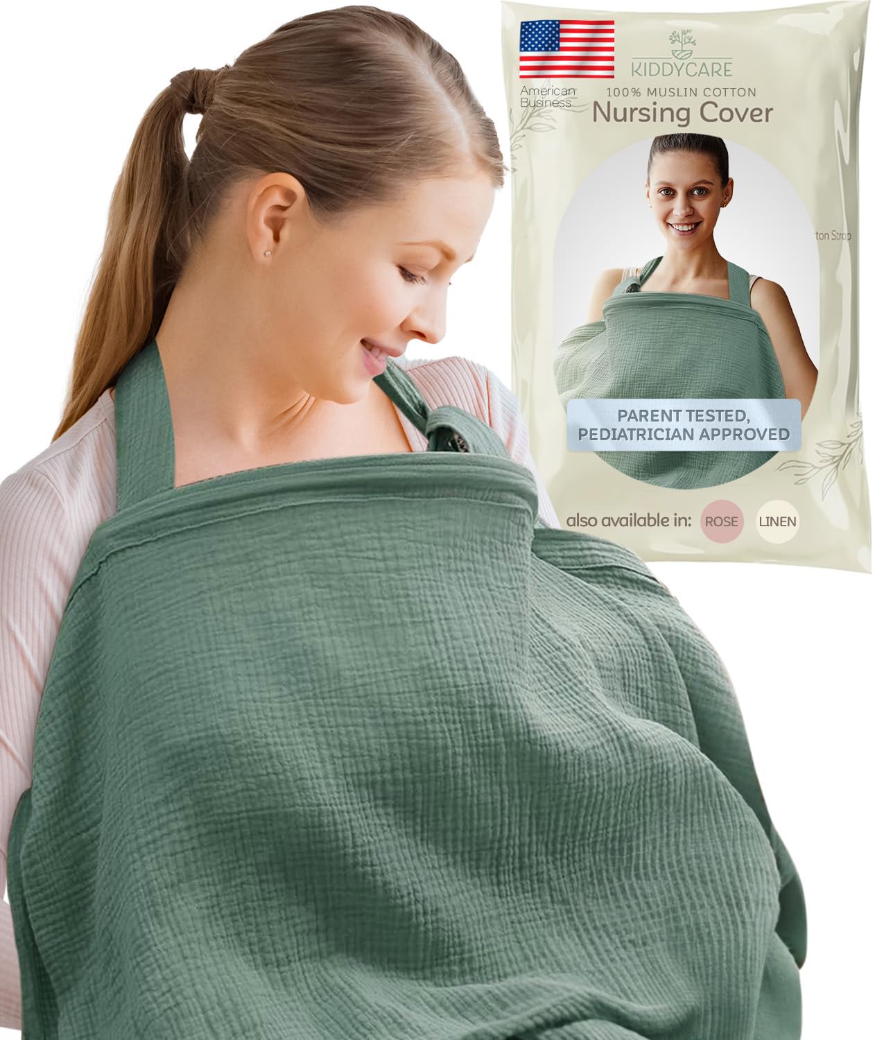KiddyCare Basil nursing cover closeup highlights breathable muslin for baby comfort.