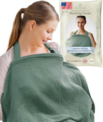 KiddyCare Basil nursing cover closeup highlights breathable muslin for baby comfort.