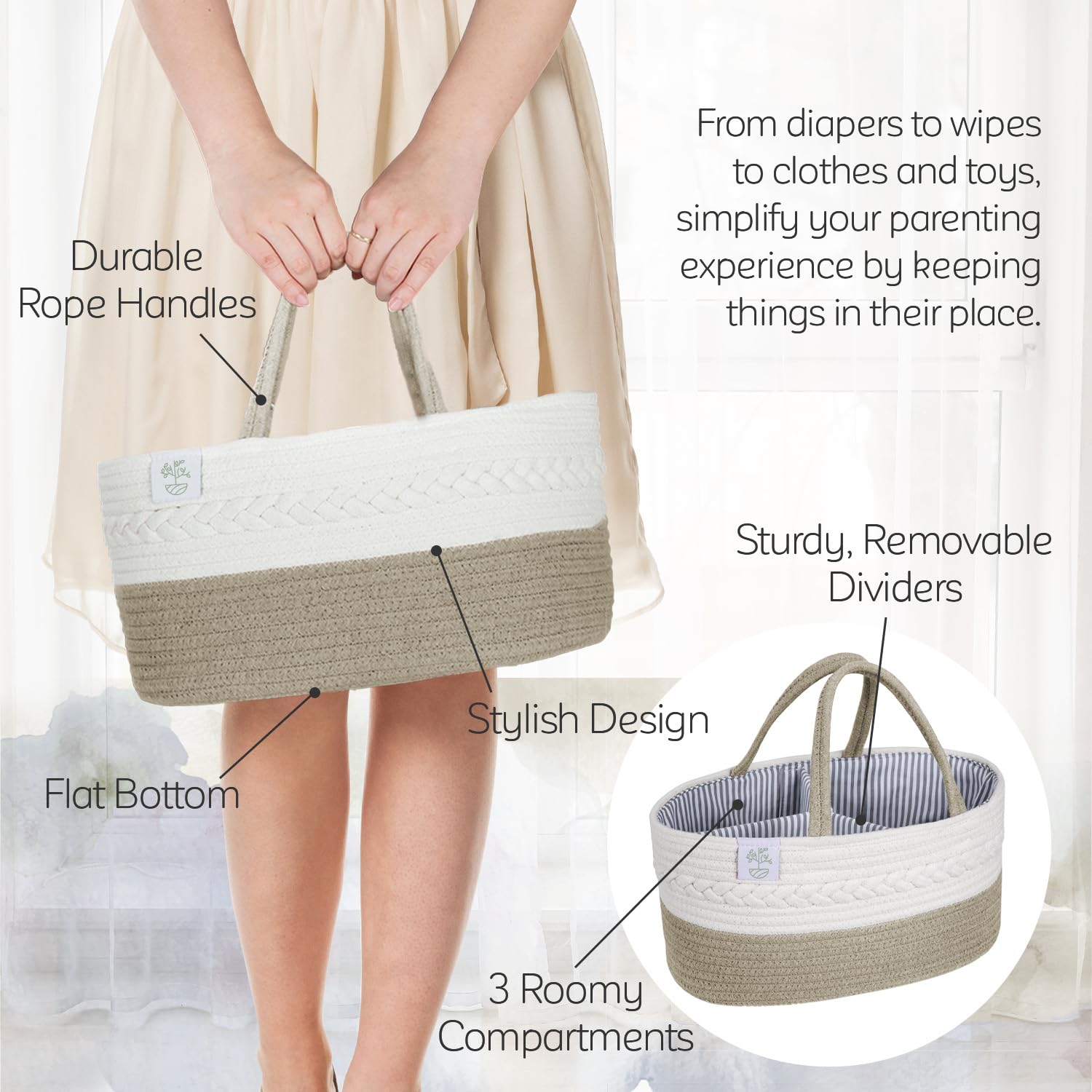KiddyCare Woven Diaper Caddy uses cotton canvas for lightweight, durable storage.