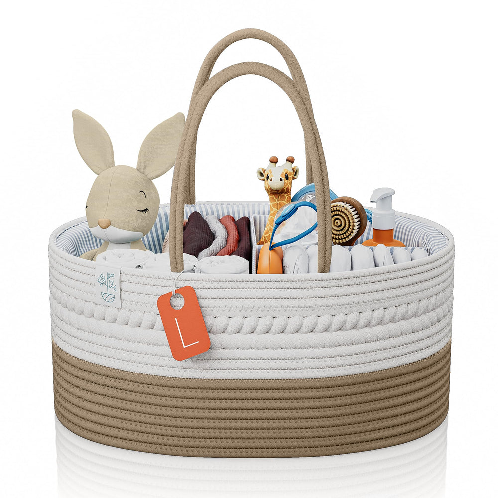KiddyCare Woven Diaper Caddy with handle for easy reach during diaper changes.