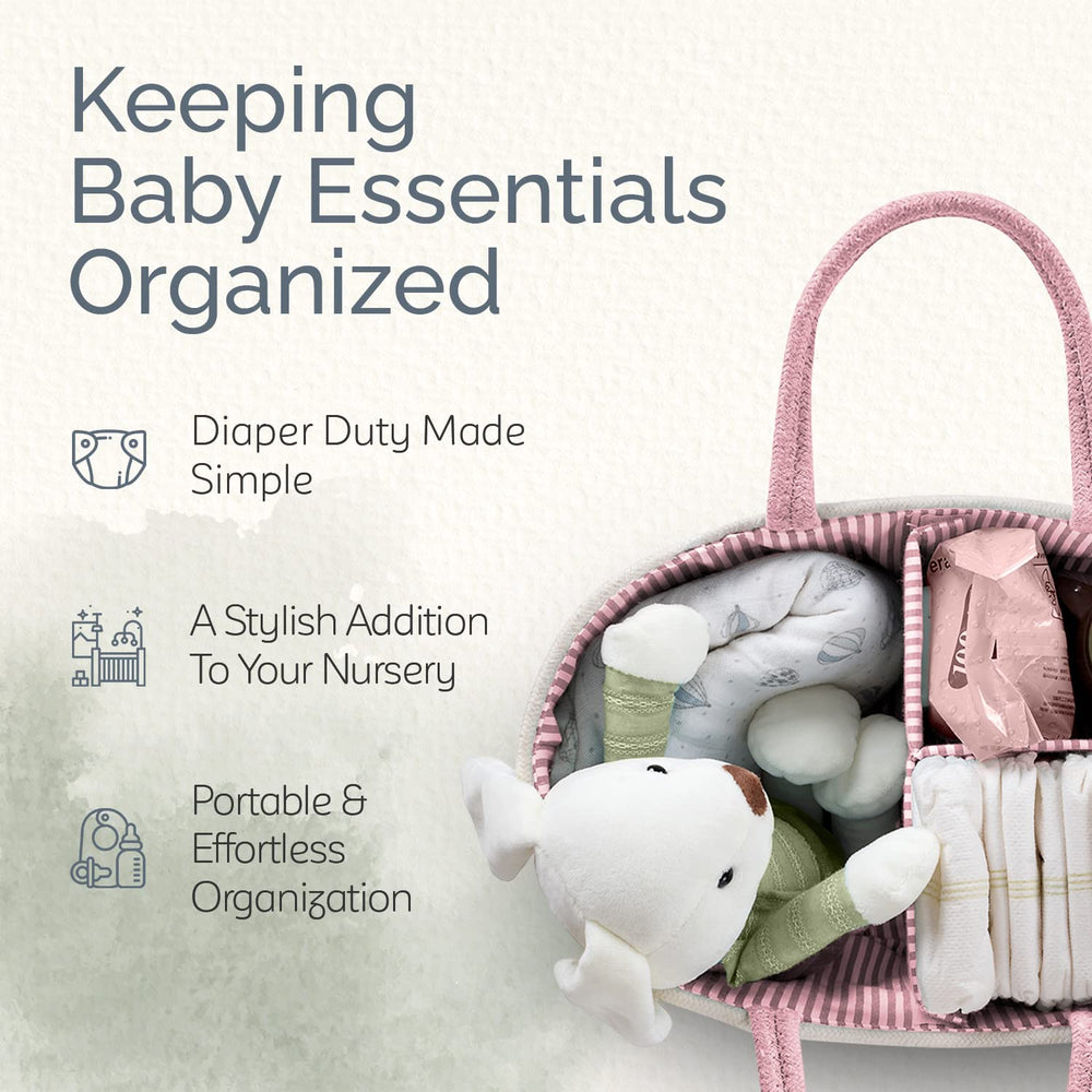 KiddyCare Woven Diaper Caddy with spacious compartments keeps essentials organized.
