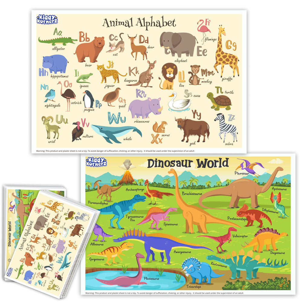 KIDDYKORNERZ dinosaur-theme placemats provide a clean, engaging dining surface for kids