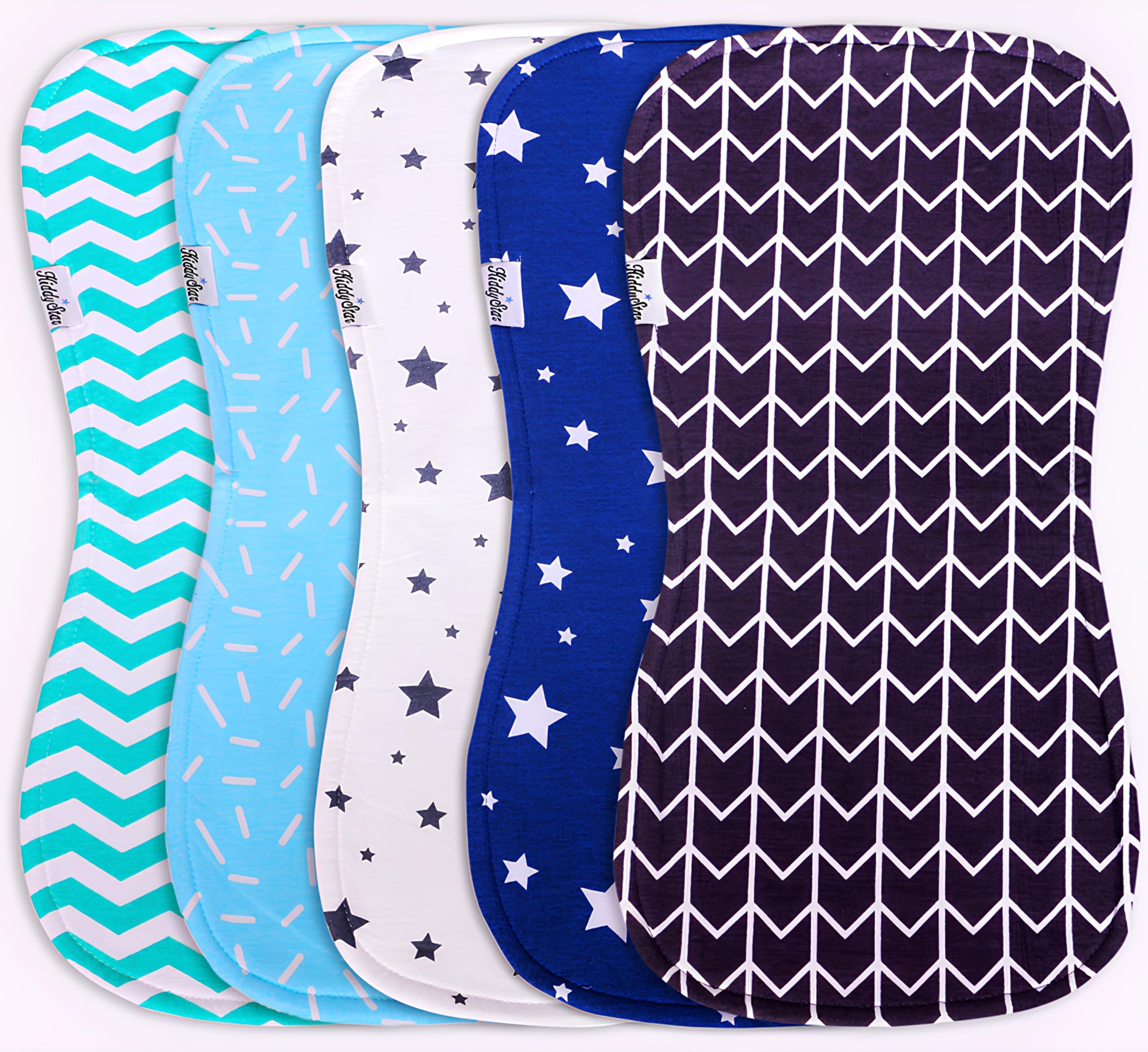 KiddyStar burp cloths 5-pack pack shot shows extra-large coverage for mess protection