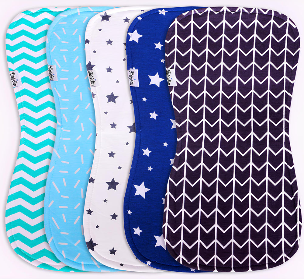 KiddyStar burp cloths 5-pack pack shot shows extra-large coverage for mess protection